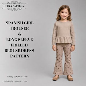 May include: A sewing pattern titled DERYA PATTERN for a Spanish girl trouser and long sleeve frilled blouse dress. The image shows a long-sleeved beige peplum top and beige flared trousers with a small dark floral print, sized for 2-16 years old.