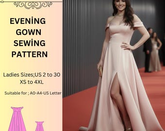 Patrón de costura para vestido largo con hombros descubiertos, ideal para graduaciones o para mujer. Tallas: US2-30 (A0-A4-USLETTER).