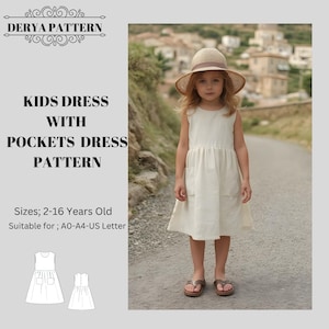 Patrón de vestido con bolsillos para niños, patrón de costura de vestido de niña, patrón de costura de vestido de lino, patrón de vestido de verano para niños A0-A4-US LETTER 2-16 años