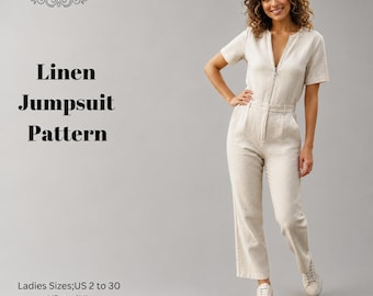 Linen Jumpsuit Sewing Pattern,Women Dress Patterns,Pant,Boho,short sleeve,Size:US2-30 (A0-A4-USLETTER)