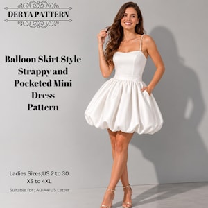 May include: A white mini dress featuring a strappy bodice with pearl-like accents, a voluminous balloon-style skirt, and side pockets. The text DERYA PATTERN, Balloon Skirt Style Strappy and Pocketed Mini Dress Pattern, and Ladies Sizes US 2 to 30 are visible.