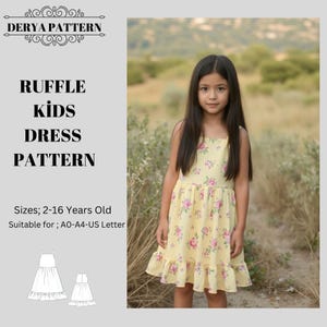 Vestido infantil con volantes, patrón de vestido de verano con tirantes para niña, patrón de costura para vestido de niña, patrón de costura para vestido infantil A0-A4-Carta estadounidense 2-16 años