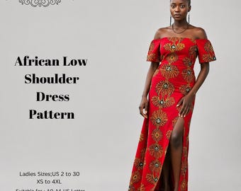 African Print Low Shoulder Dress Pattern,Women Dress Patterns,Ankara Style, Size:US2-30 (A0-A4-USLETTER)