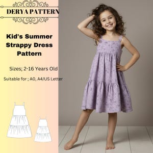 Molde para vestido de verão com alças para meninas, costura fácil, moldes de vestidos infantis, tamanhos: EUA 2/16 (A0-A4-US Letter)