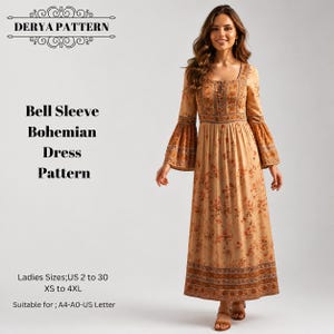 Op de afbeelding: Een jurk met lange mouwen, vierkante halslijn en klokmouwen, met een beige basis, bloemenprint en een patroonrand aan de zoom. Tekst: DERYA PATTERN, Bell Sleeve Bohemian Dress Pattern, Ladies Sizes; US 2 to 30 XS to 4XL.