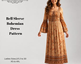 Bell Sleeve Bohemian Dress Sewing Pattern,Women Dress Patterns,Summer Dresses, Size:US2-30 (A0-A4-USLETTER)