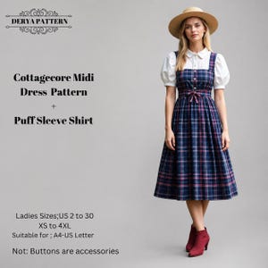 Może przedstawiać: Wykrój na sukienkę midi i koszulę z bufiastymi rękawami od Derya Pattern. Strój składa się z granatowo-niebiesko-różowej sukienki w kratę, białej koszuli z kołnierzykiem i bufiastymi rękawami, beżowego kapelusza oraz czerwonych botków.