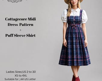 Cottagecore Midi Dress Pattern+Puff Sleeve Shirt,Medieval Cosplay,Ball Gown,Size:US2-30 (A0-A4-USLETTER)