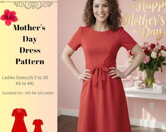 Patrón de vestido para el Día de la Madre, Patrones de vestidos para mujer, Vestidos hasta la rodilla, Costura casual. Tallas: US2-30 (A0-A4-USLETTER)