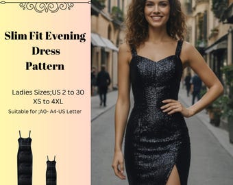 Slim Fit Evening Dress Pattern,Women Dress Patterns,Wedding Guest,Size:US2-30 (A0-A4-USLETTER)