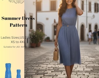 Summer Dress Sewing Pattern,Women Dress Patterns,Sleeveless Knee-Length Dresses, Size:US2-30 (A0-A4-USLETTER)