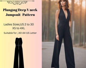 Plunging Deep V neck Jumpsuit Pattern, Formal Jumpsuit Pattern, Evening Gown, Ball Gown, Prom Dress, Anniversary Dress, A4 A0