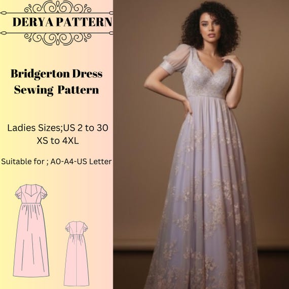 Renaissance Regency Gown Sewing Pattern,Empire Waist,Woman Dress Size:US2-30 (A0-A4-USLETTER)