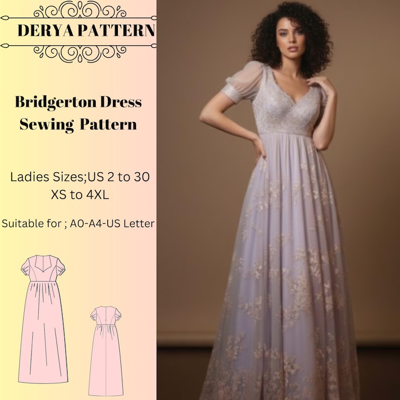 Renaissance Regency Kleid Schnittmuster, Empire-Taille, Frau Kleid Größe: US2-30 (A0-A4-USLETTER) Bild 1