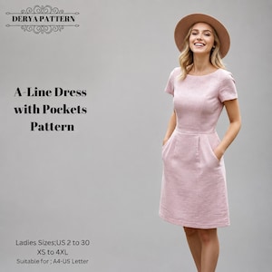 Patrón de vestido de corte A con bolsillos, patrón de costura para mujer, patrones de vestidos de verano, tallas: US2-30 (A0-A4-USLETTER)