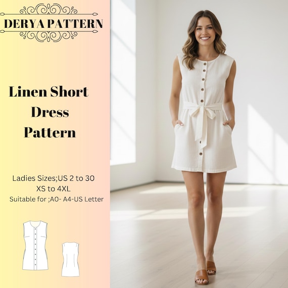 Linen Short Dress Pattern,women Dress Patterns,sleeveless Summer Dresses  With Pocketssize:us2-30 (A0-A4-USLETTER) - Etsy