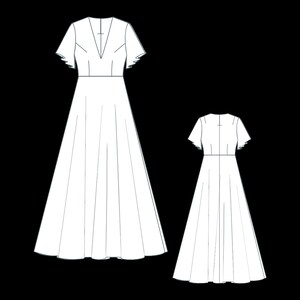May include: A white maxi dress with a V-neckline and short sleeves. The dress has a fitted bodice and a flowing skirt.