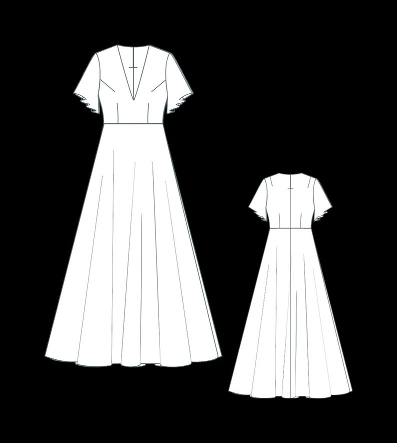 May include: A white maxi dress with a V-neckline and short sleeves. The dress has a fitted bodice and a flowing skirt.