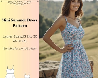 Mini Summer Dress Sewing Pattern,Women Dress Patterns, thin-strapped mould,Sun DressesSize:US2-30 (A0-A4-USLETTER)