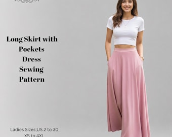 May include: A sewing pattern for a long skirt with pockets, labeled DERYA PATTERN. The text specifies sizes US 2 to 30, XS to 4XL, and compatibility with A4-US Letter paper. A white short-sleeved top and a solid pink floor-length skirt are shown.