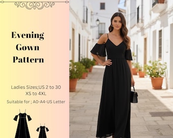 Patrón de costura para vestido de noche, patrones de vestidos para mujer, vestidos largos sin tirantes, vestidos para invitadas de boda. Tallas: US2-30 (A0-A4-USLETTER).