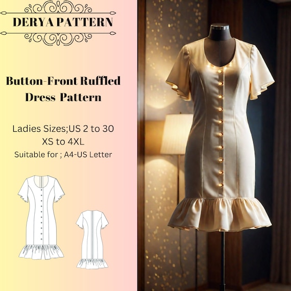 Buy Button front Ruffled Dress Pattern Mini Dress Sewing Pattern Evening Dress Pattern women Dress Pattern A0 A4 US Letter us 2 to 30 Online in India Etsy