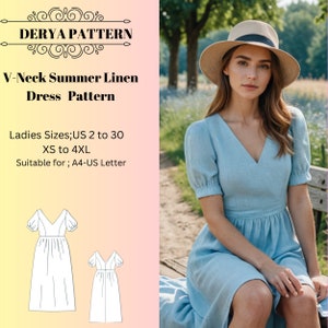 Patrón de vestido de lino de verano con escote en V, patrón de vestido de lino de verano, patrón de vestido de primavera, patrón de vestido de mujer, tamaño A0 A4 Carta de EE. UU. - EE. UU. 2 a 30