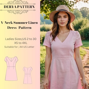Patrón de vestido de lino de verano con escote en V, patrón de vestido de lino de verano, patrón de vestido de primavera, patrón de vestido de mujer, tamaño A0 A4 Carta de EE. UU. - EE. UU. 2 a 30