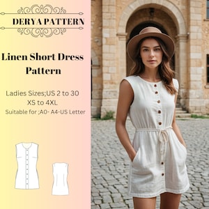 Patrón de vestido corto de lino, vestido de verano con bolsillos, patrón de vestido de primavera, patrón de vestido de mujer, tamaño A0 A4 Carta de EE. UU. - EE. UU. 2 a 30