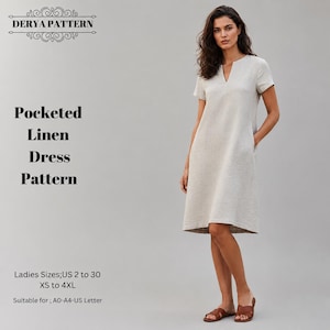 Pocketed Linen Dress Pattern, Women Dress Patterns, Fall Dresses, Summer Sewing Size:US2-30 (A0-A4-USLETTER)