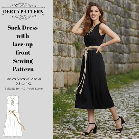 Lace-up Front Sack Dress Sewing Pattern,women Dress Patterns,summer Dresses,  Size:us2-30 (A0-A4-USLETTER) - Etsy Israel