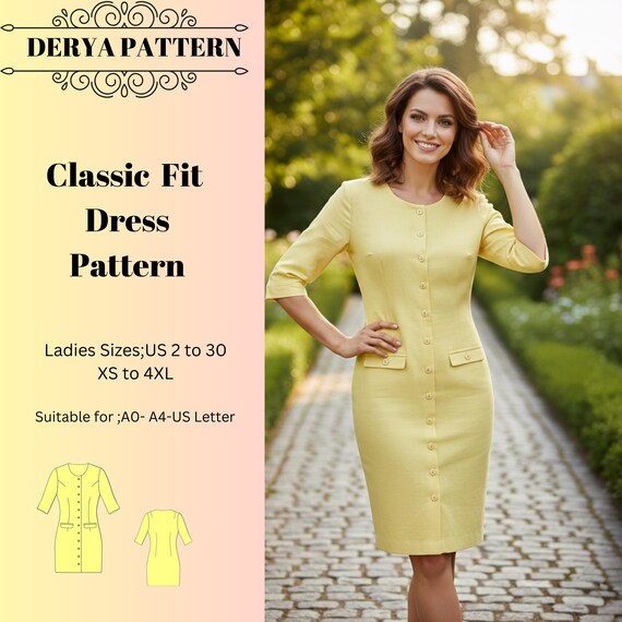 Classic Fit Dress Pattern,women Dress Patterns,long Sleeve Dresses  Sewing,size:us2-30 (A0-A4-USLETTER) - Etsy