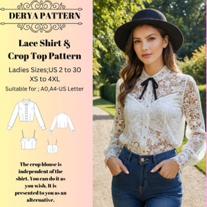 Camisa de renda e blusa curta, molde de costura para camisa feminina, camisa feminina, top curto sem alças, molde de costura para uso diário A0 A4 Carta EUA - EUA 2 a 30'