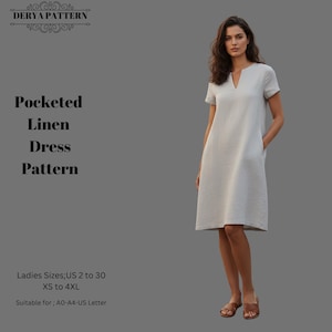 Può includere: Un abito in lino grigio chiaro al ginocchio con maniche corte, scollo a V e tasche laterali. Il testo sull'immagine recita: DERYA PATTERN, Pocketed Linen Dress Pattern, Ladies Sizes; US 2 to 30, XS to 4XL, Suitable for; A0-A4-US Letter.