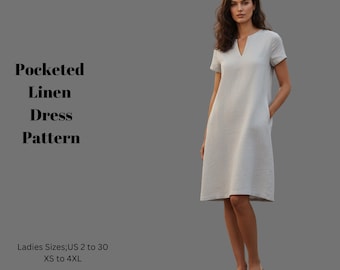 Pocketed Linen Dress Pattern, Women Dress Patterns, Fall Dresses, Summer Sewing Size:US2-30 (A0-A4-USLETTER)