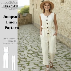 Leinen Jumpsuit Schnittmuster, Frauen Jumpsuit, ärmellose Sommer-Stil Größe: US2-30 (A0-A4-USLETTER)