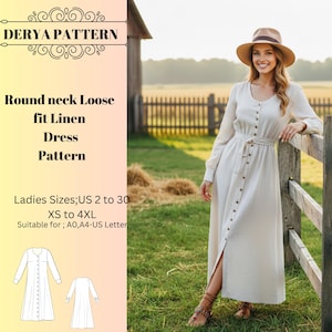 Buttoned Linen Dress Sewing Pattern,Women Dress Patterns,Midi Length,button dressesSize:US2-30 (A0-A4-USLETTER)