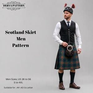 May include: A sewing pattern titled DERYA PATTERN Scotland Skirt Men Pattern for sizes US 36 to 56 and S to 4XL. The image shows a kilt with a green, blue, and orange plaid pattern, a black vest, a white shirt, a dark tam hat, and a fur sporran.