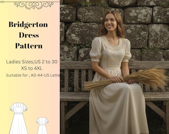 Bridgerton Regency Schnittmuster, Frauen Kleid Schnittmuster, Elvish Fairy Kleid Schnittmuster, Größe: US 2-30 (A0-A4-USLETTER)