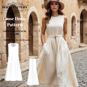 Patrón de vestido suelto, patrón de vestido de lino con bolsillos, patrón de vestido de lino de verano, vestido de fantasía, patrón de vestido de primavera, tamaño A0 A4 Carta de EE. UU. - EE. UU. 2 a 30