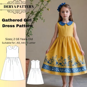 Vestido de niña fruncido, patrón de vestido infantil, patrón de costura para vestido de niña, patrón de vestido de primavera, patrón de vestido de lino, tallas A4-A0, tallas carta 2-16 años