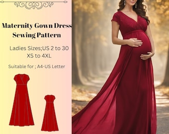 Maternity Gown Dress Sewing Pattern ,Ladies Sizes ; US 2 to 30-Xs to4 XL ,Formatted A0, A4 ,US Letter Paper.