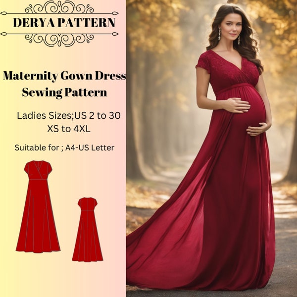 Maternity Gown Dress Sewing Pattern ,Ladies Sizes ; US 2 to 30-Xs to4 XL ,Formatted A0, A4 ,US Letter Paper.