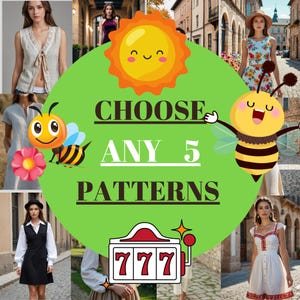 Puede incluir: Un collage de imágenes con diferentes patrones. El texto "CHOOSE ANY 5 PATTERNS" se muestra en el centro de la imagen. La imagen también incluye un sol sonriente, una abeja y una máquina tragaperras con los números 777.
