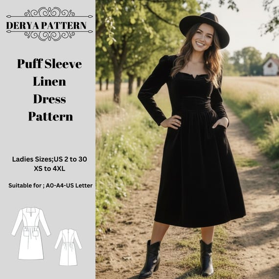 Vintage Pocket Long Sleeve Dress Sewing Pattern,women Dress Patterns,spring,bohosize:us2-30  (A0-A4-USLETTER) - Etsy