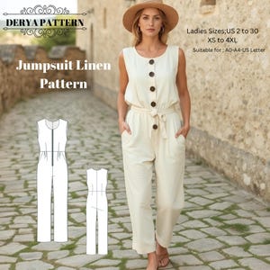 Patrón de mono de lino, patrón de mono de verano, vestido de noche, vestido de gala, patrón de mono de mujer, pantalones, talla A0, A4, carta estadounidense (tallas 2 a 30 de EE. UU.)