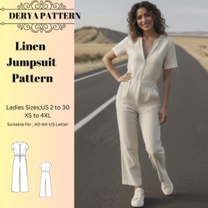 Patrón de costura para mono de lino, patrones de vestidos para mujer, pantalón, estilo bohemio, manga corta, tallas: US2-30 (A0-A4-USLETTER)