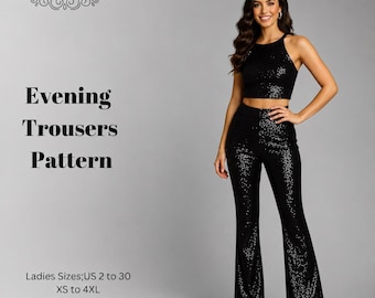 Flared Evening Trousers Sewing Pattern,Women Dress Patterns,High Waist,Wedding PantsSize:US2-30 (A0-A4-USLETTER)