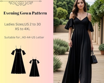 Evening Gown Sewing Pattern, BallGown Maxi Dress Sewing Pattern,Size ; US 2 to 30 and XS to 4XL,Suitable A0- A4-US Letter