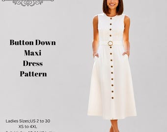 Puede incluir: Un vestido largo blanco sin mangas con cierre de botones en la parte delantera, cuello redondo y cinturón a juego con hebilla circular. El texto DERYA PATTERN, Button Down Maxi Dress Pattern y Ladies Sizes; US 2 to 30 XS to 4XL es visible.